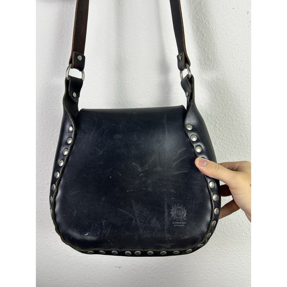Vintage Harley Davidson Leather Crossbody Purse Dark Saddle Bag Lace - Picture 2 of 3